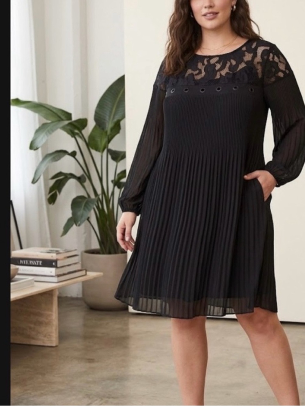 Lane Bryant Black Pleated Lace Yoke Dress - Picture 5 of 5
